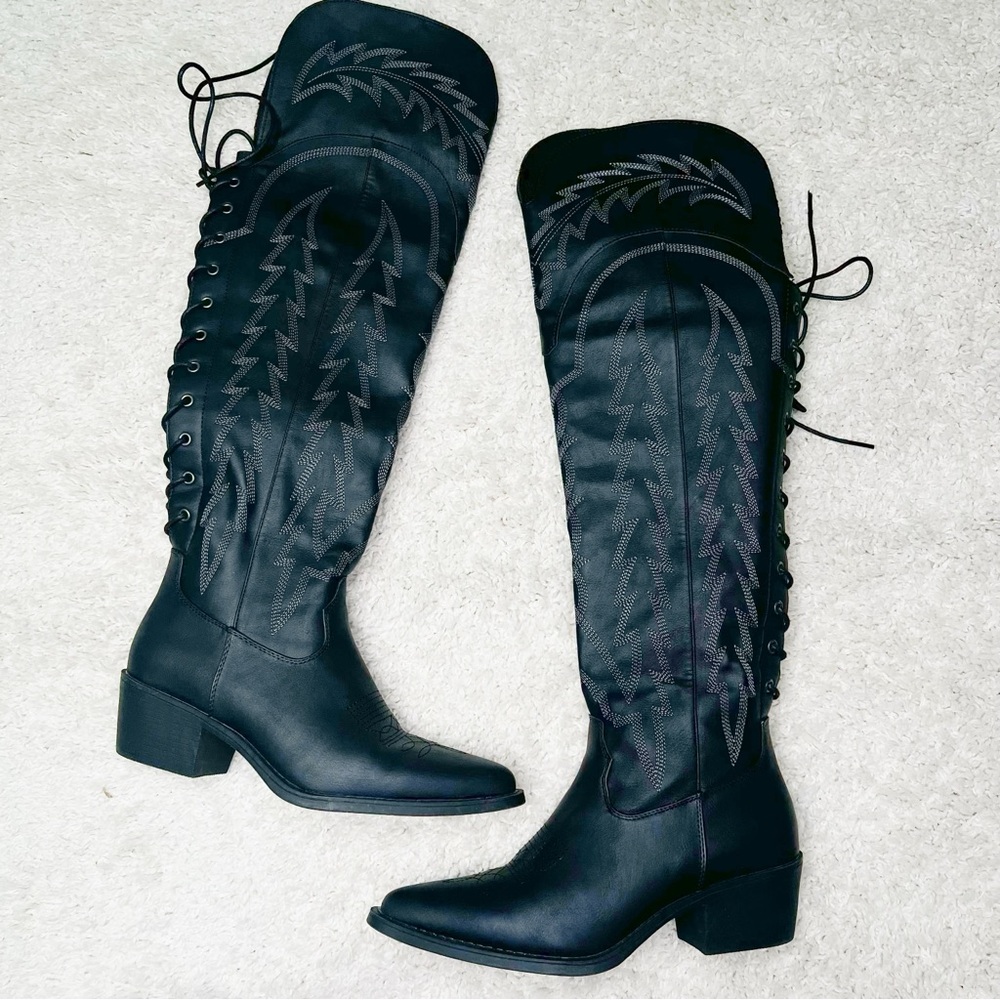 Black Knee-High Lace-Up Boots